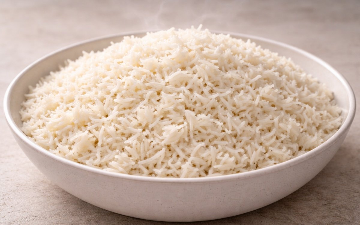 Bowl of fluffy white basmati rice with perfectly separate grains and a fork