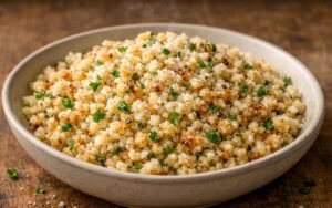 Bowl of golden roasted cauliflower rice garnished with fresh parsley and grated Parmesan cheese