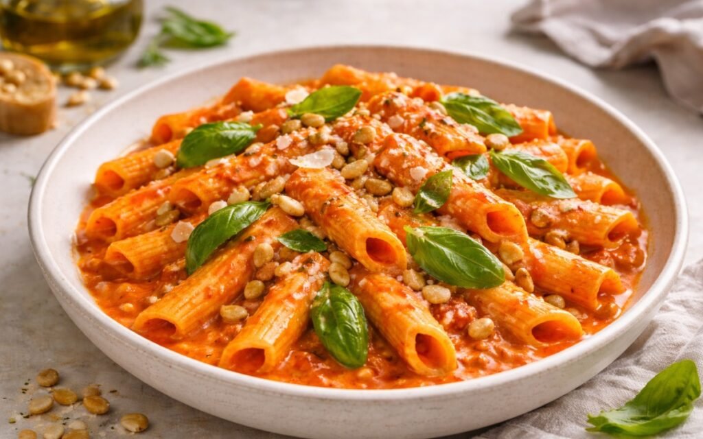 red pepper cream pasta tossed in creamy roasted red pepper sauce with pine nuts and fresh basil in a white serving bowl
