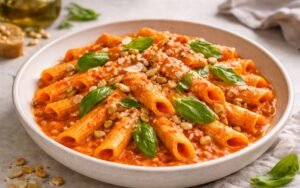 Penne pasta tossed in creamy roasted red pepper sauce with pine nuts and fresh basil in a white serving bowl
