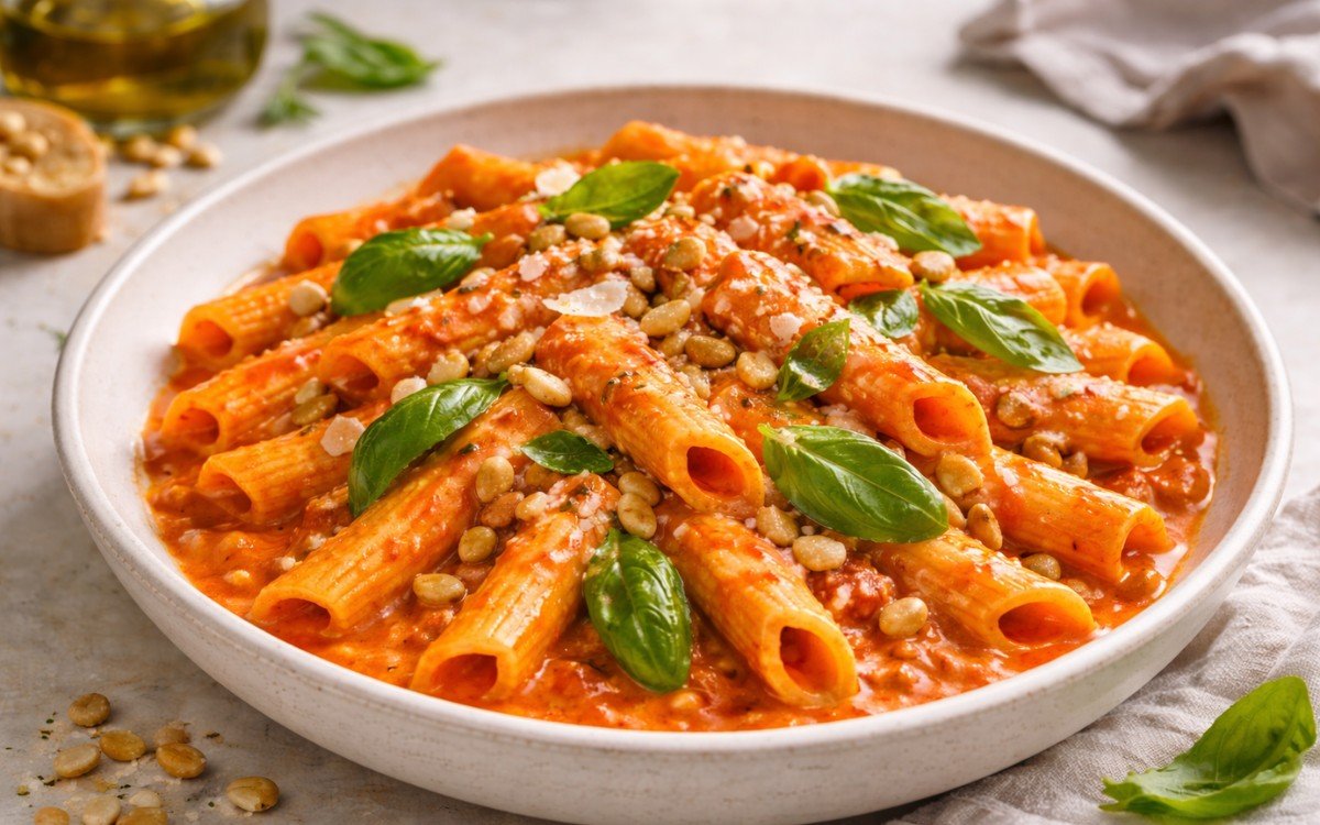 Penne pasta tossed in creamy roasted red pepper sauce with pine nuts and fresh basil in a white serving bowl
