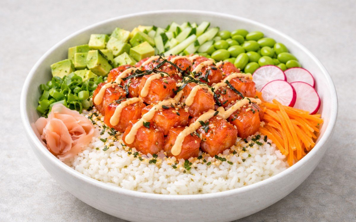 Colorful salmon poke bowl with fresh raw salmon, avocado, edamame, cucumber, and radishes over seasoned sushi rice drizzled with spicy mayo