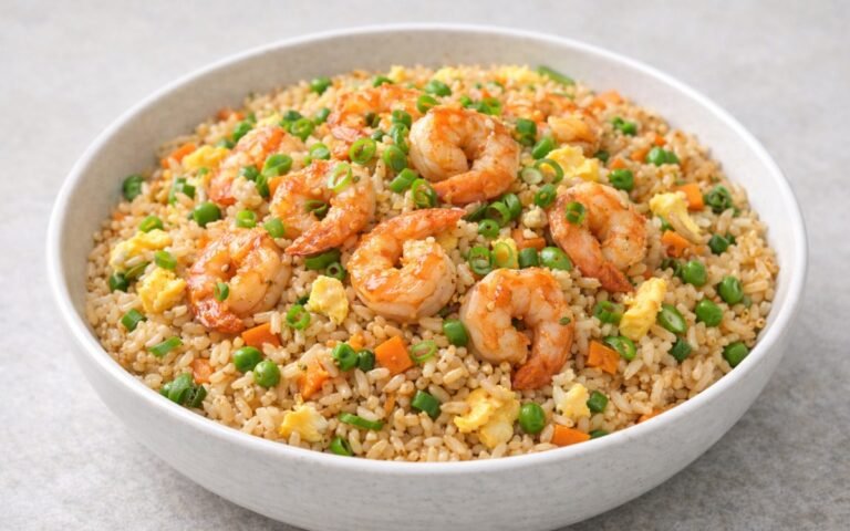 Shrimp fried rice bowl with plump shrimp, scrambled eggs, peas, and carrots garnished with scallions and sesame seeds