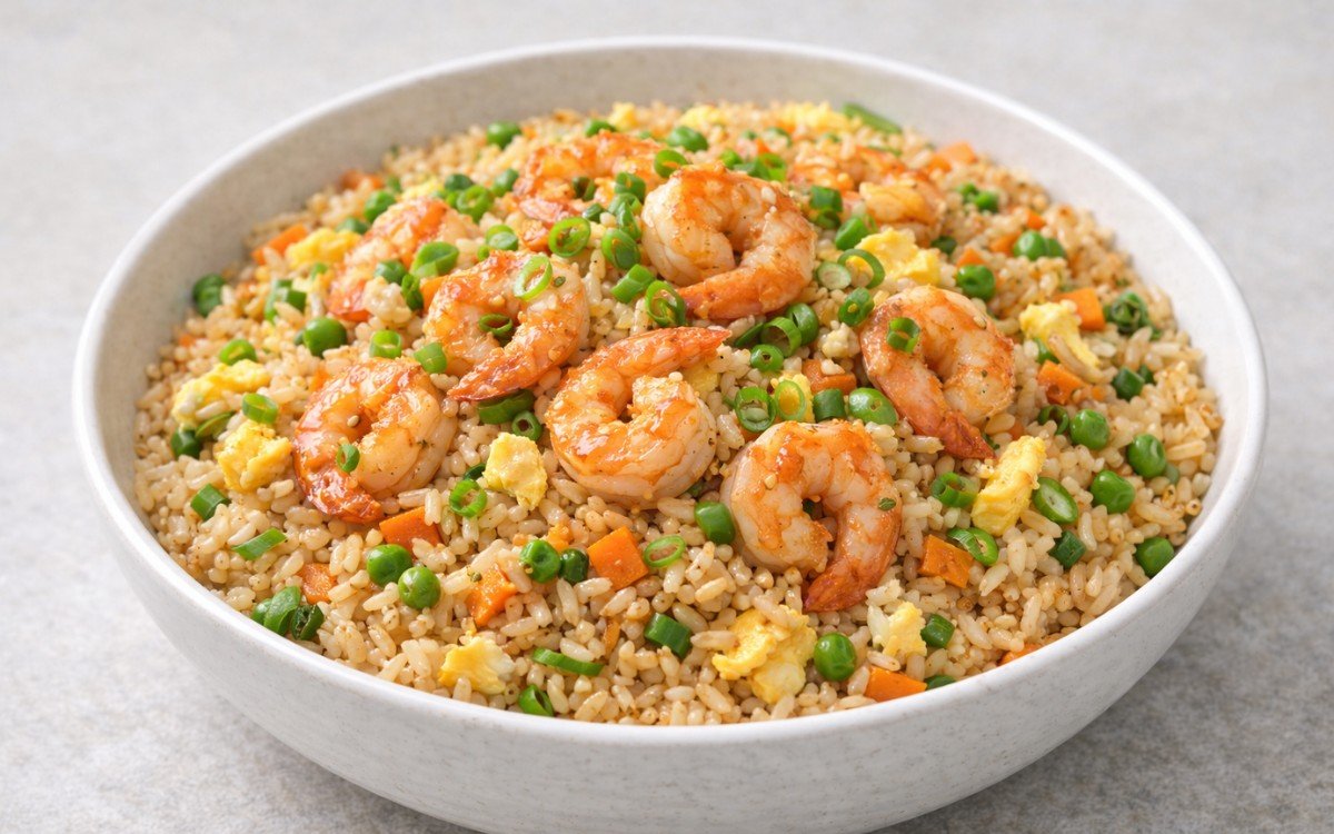 Shrimp fried rice bowl with plump shrimp, scrambled eggs, peas, and carrots garnished with scallions and sesame seeds