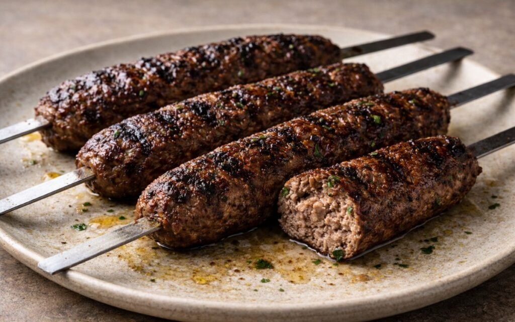 Charred beef kofta skewers with Middle Eastern spices on white platter