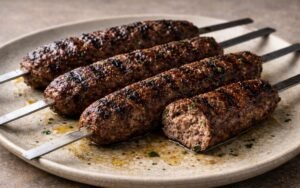 Charred beef kofta skewers with Middle Eastern spices on white platter