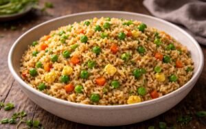 Wok filled with colorful vegetable fried rice with eggs and green onions