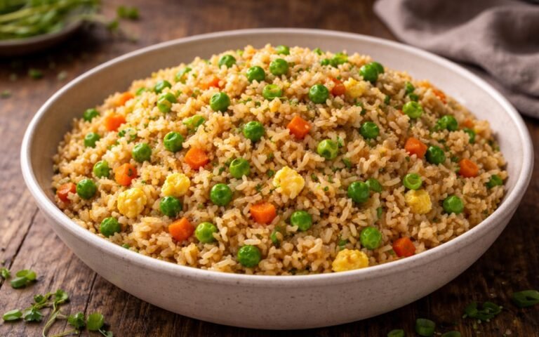 Wok filled with colorful vegetable fried rice with eggs and green onions