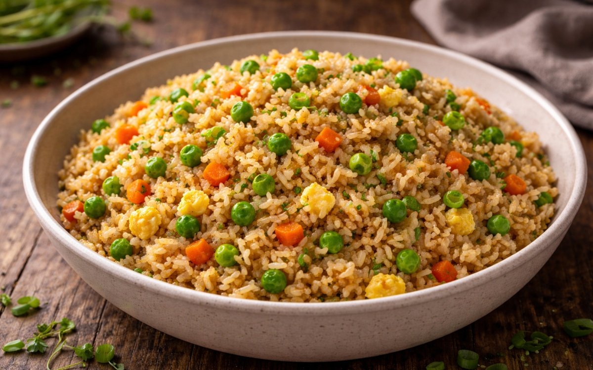 Wok filled with colorful vegetable fried rice with eggs and green onions