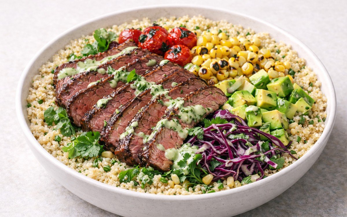 Light skirt steak quinoa bowl with quinoa, charred corn and tomatoes, avocado, red cabbage, and cilantro-lime dressing in a white bowl