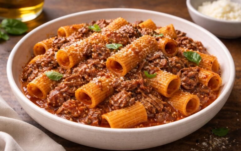 bowl of rigatoni pasta with chunky beef ragù sauce, garnished with Parmigiano-Reggiano and fresh basil on a wooden table