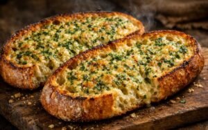 Sliced sourdough garlic bread with melted butter and herbs on wooden cutting board