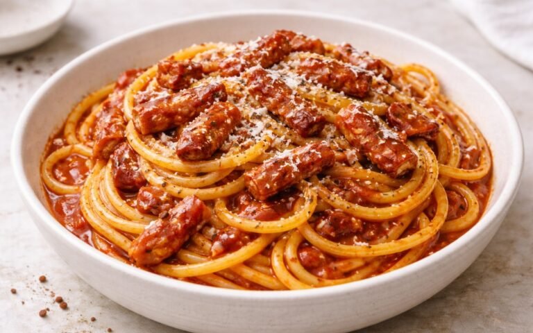 Plate of spaghetti all'amatriciana with rich tomato sauce, crispy guanciale, and freshly grated Pecorino Romano cheese