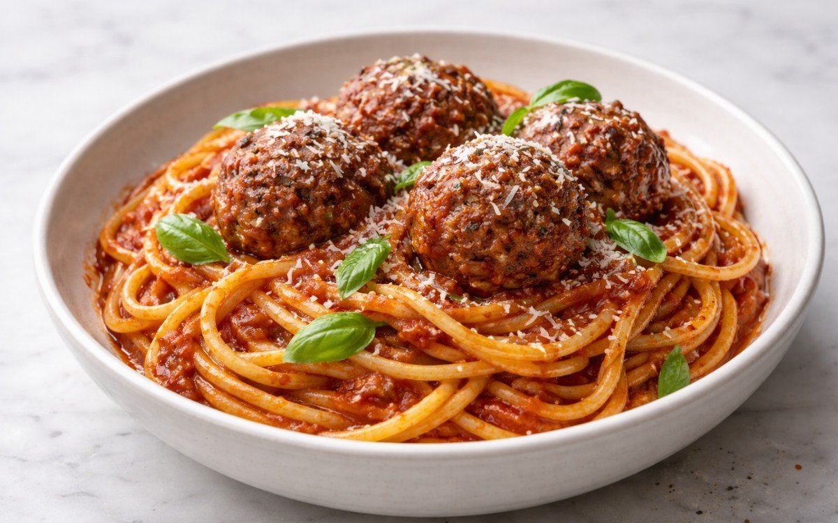 Close-up of spaghetti and meatballs on a white plate with three tender meatballs in rich tomato sauce, topped with fresh basil and grated Parmesan