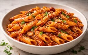 Spicy penne Arrabbiata with Calabrian chili tomato sauce topped with Parmesan