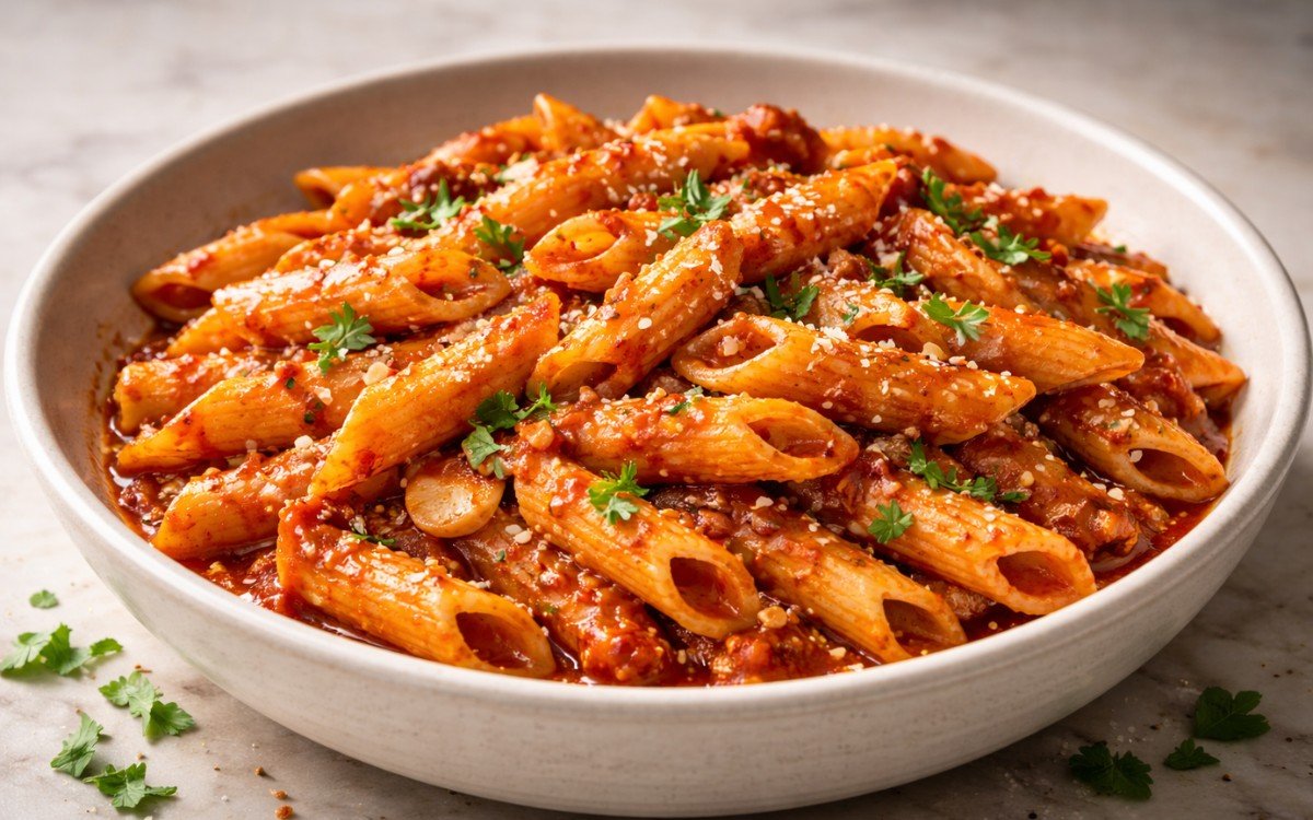 Spicy penne Arrabbiata with Calabrian chili tomato sauce topped with Parmesan
