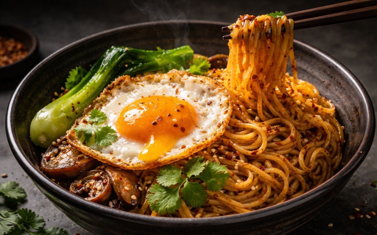 Bowl of spicy chili garlic oil noodles topped with a runny fried egg, crispy vegetables, toasted sesame seeds, and fresh cilantro with chopsticks resting on the side