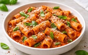 Bowl of spicy 'nduja pasta with rigatoni in creamy red sauce, garnished with fresh basil and Pecorino Romano cheese