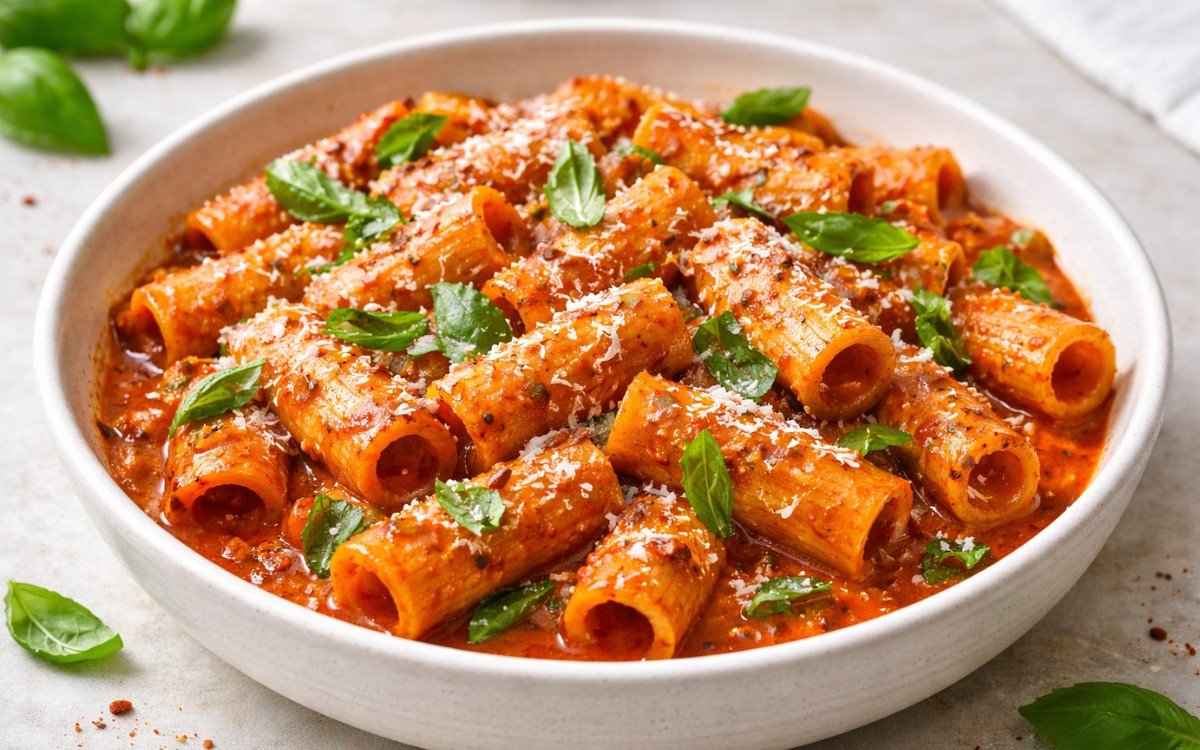 Bowl of spicy 'nduja pasta with rigatoni in creamy red sauce, garnished with fresh basil and Pecorino Romano cheese