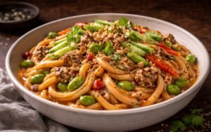 Close-up of spicy peanut butter noodles in white bowl with chopsticks, showing thick udon coated in creamy sauce with vegetables and peanuts