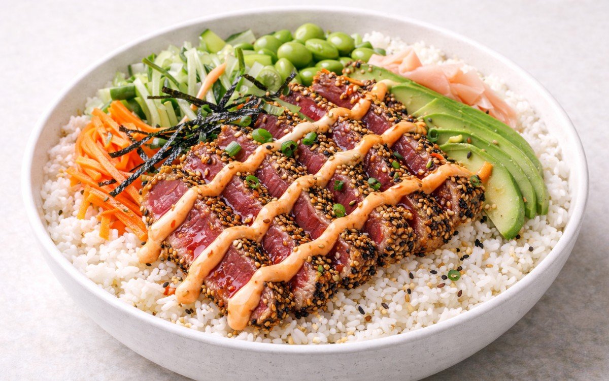 Spicy tuna rice bowl with sesame-crusted seared tuna, seasoned sushi rice, fresh vegetables, avocado, and gochugaru mayo drizzle