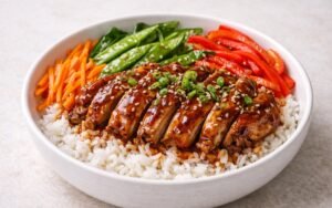 Teriyaki chicken rice bowl with glazed chicken thighs, stir-fried vegetables, sesame seeds, and green onions over fluffy jasmine rice
