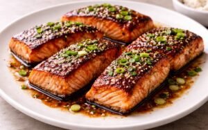 Teriyaki glazed salmon fillet with caramelized lacquer finish garnished with sesame seeds