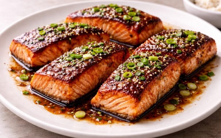 Teriyaki glazed salmon fillet with caramelized lacquer finish garnished with sesame seeds