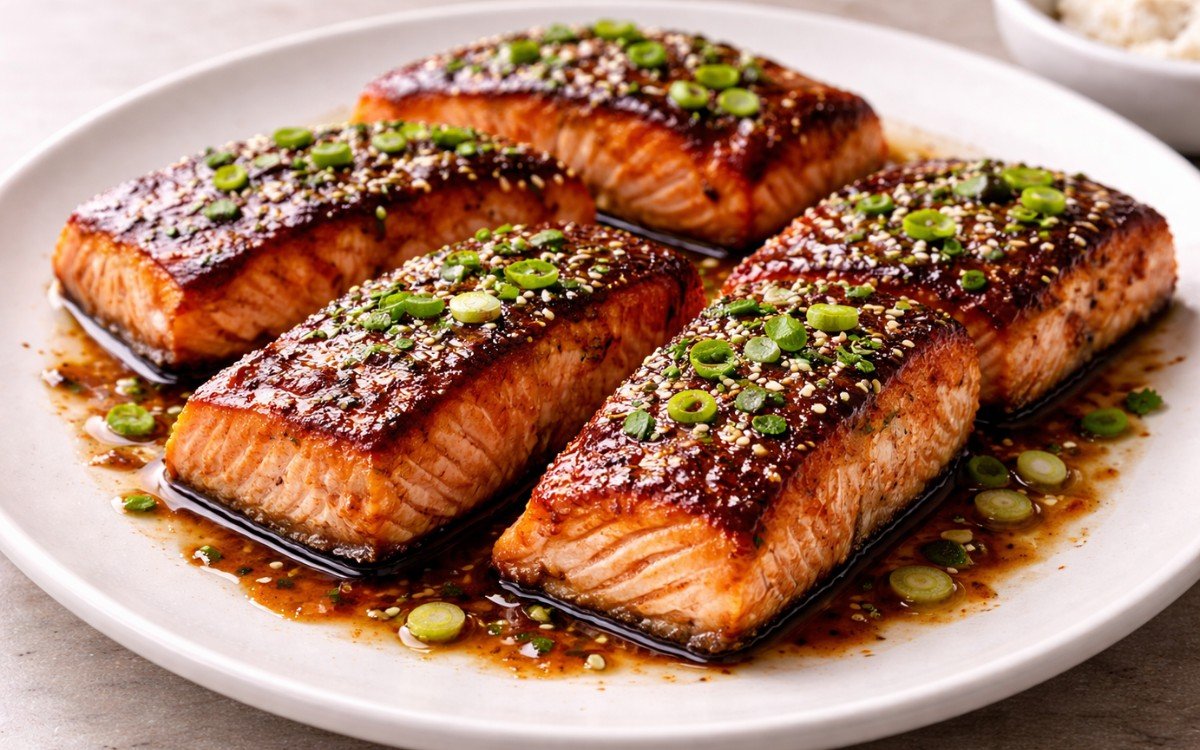 Teriyaki glazed salmon fillet with caramelized lacquer finish garnished with sesame seeds