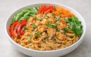 Thai peanut chicken noodle bowl with rice noodles, tender chicken, colorful vegetables, and creamy peanut sauce garnished with peanuts, cilantro, mint, and lime wedges