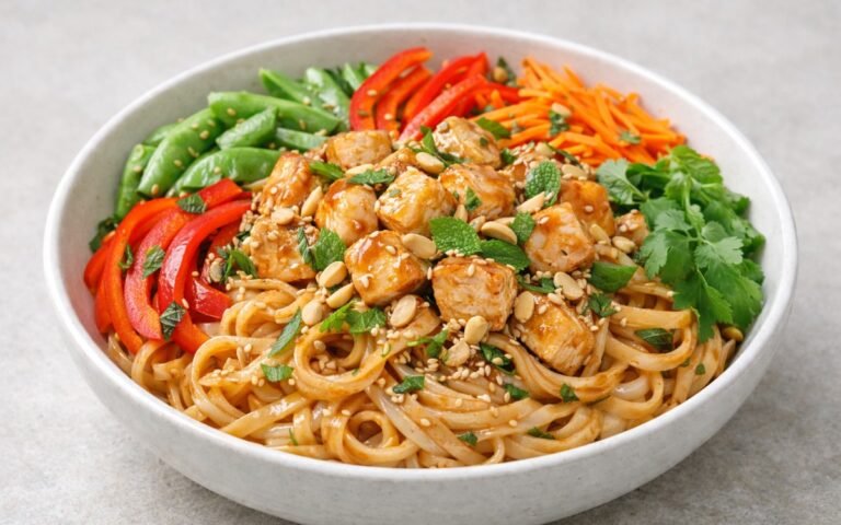 Thai peanut chicken noodle bowl with rice noodles, tender chicken, colorful vegetables, and creamy peanut sauce garnished with peanuts, cilantro, mint, and lime wedges