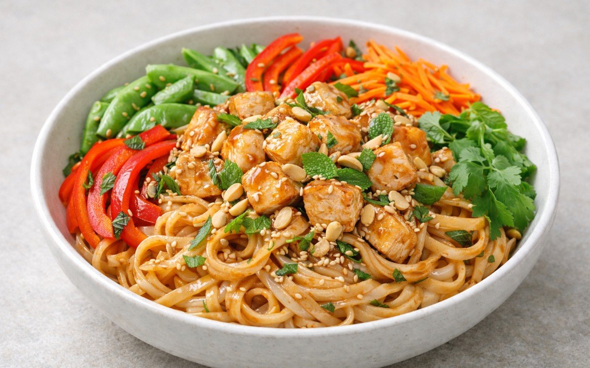 Thai peanut chicken noodle bowl with rice noodles, tender chicken, colorful vegetables, and creamy peanut sauce garnished with peanuts, cilantro, mint, and lime wedges