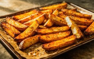 Golden thick-cut steak fries with crispy edges and sea salt on white plate