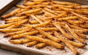 Thin golden crispy baked potato fries spread on baking sheet with herbs