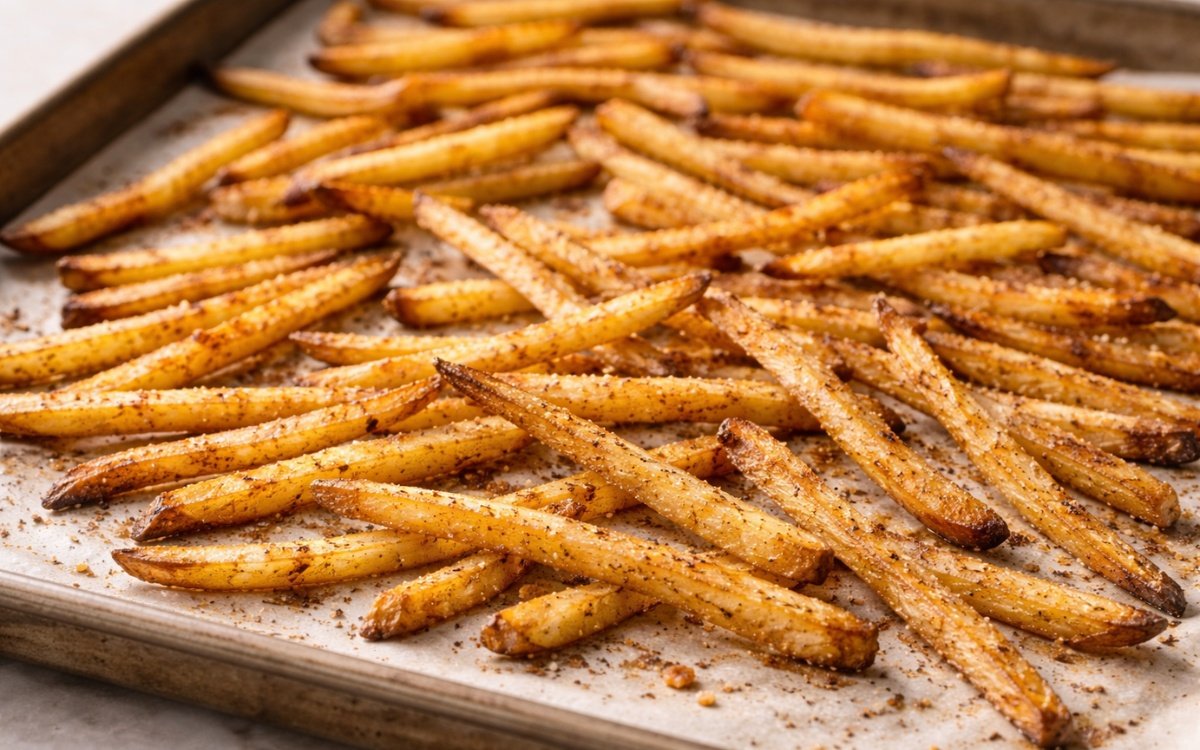 Thin golden crispy baked potato fries spread on baking sheet with herbs