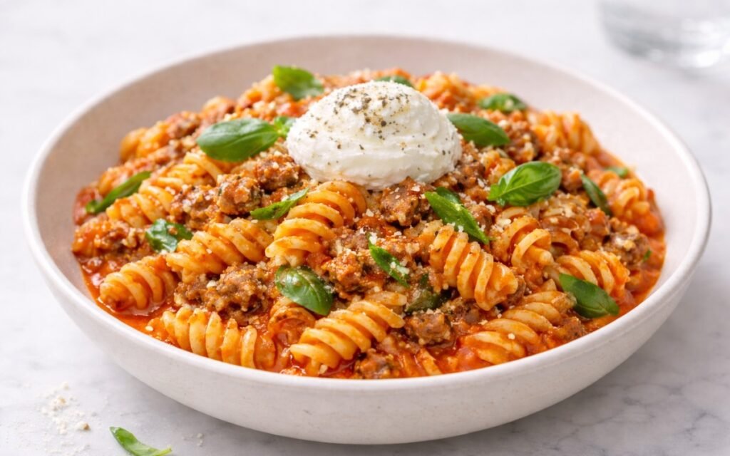 Tomato pasta with ricotta and Italian sausage in a white bowl with basil and Parmesan