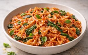 Tomato spinach farfalle pasta topped with Parmesan and basil in a white bowl