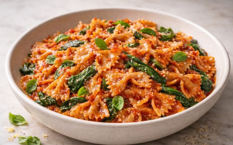 Tomato spinach farfalle pasta topped with Parmesan and basil in a white bowl