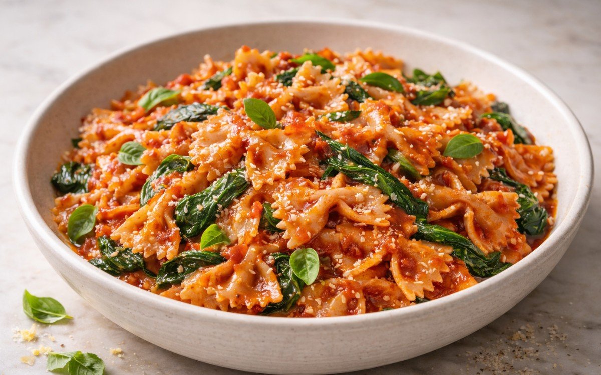 Tomato spinach farfalle pasta topped with Parmesan and basil in a white bowl