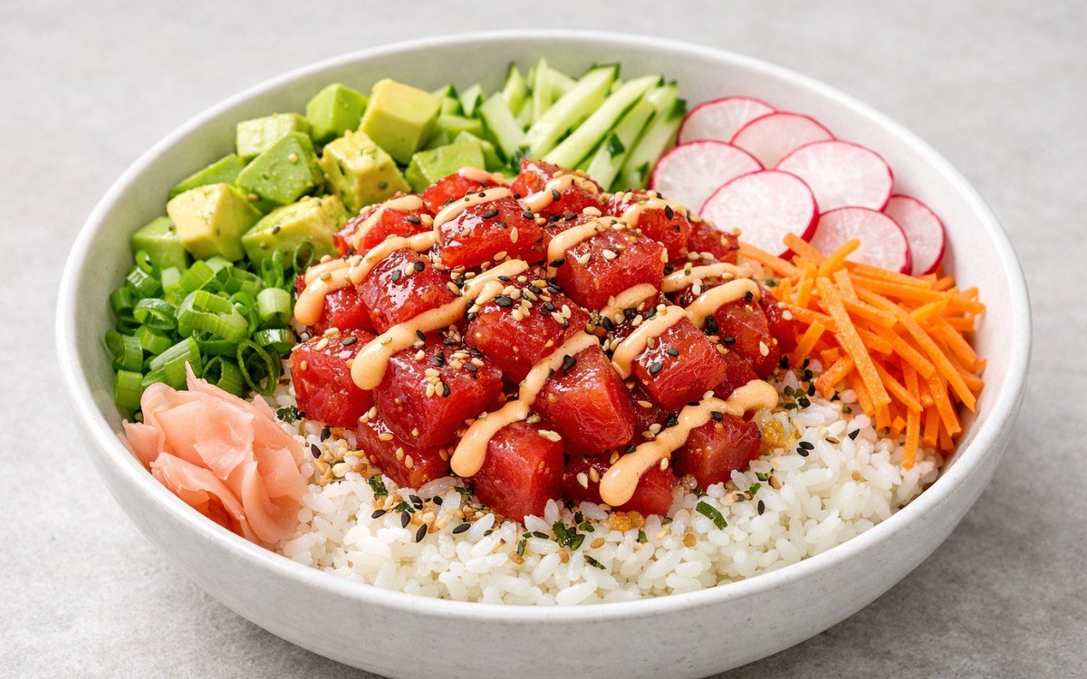 Tuna poke bowl with marinated ahi tuna, avocado, cucumber, and vegetables over sushi rice drizzled with spicy mayo