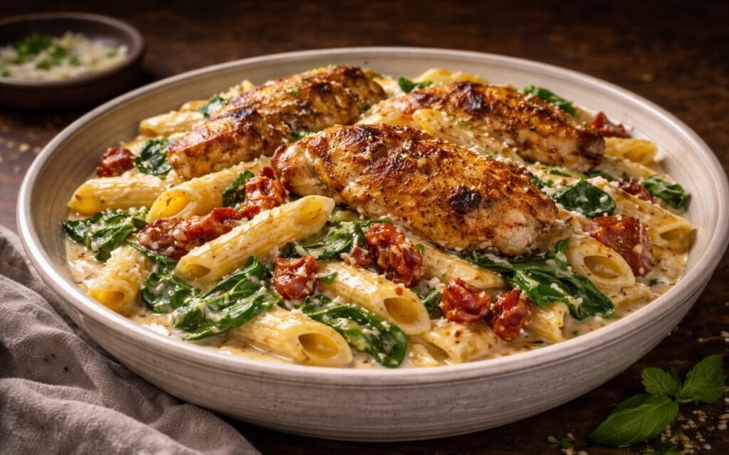 Overhead view of Tuscan chicken cream pasta in a rustic skillet, showing golden seared chicken pieces, vibrant red sun-dried tomatoes, wilted spinach, and penne pasta coated in rich cream sauce