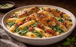 Overhead view of Tuscan chicken cream pasta in a rustic skillet, showing golden seared chicken pieces, vibrant red sun-dried tomatoes, wilted spinach, and penne pasta coated in rich cream sauce