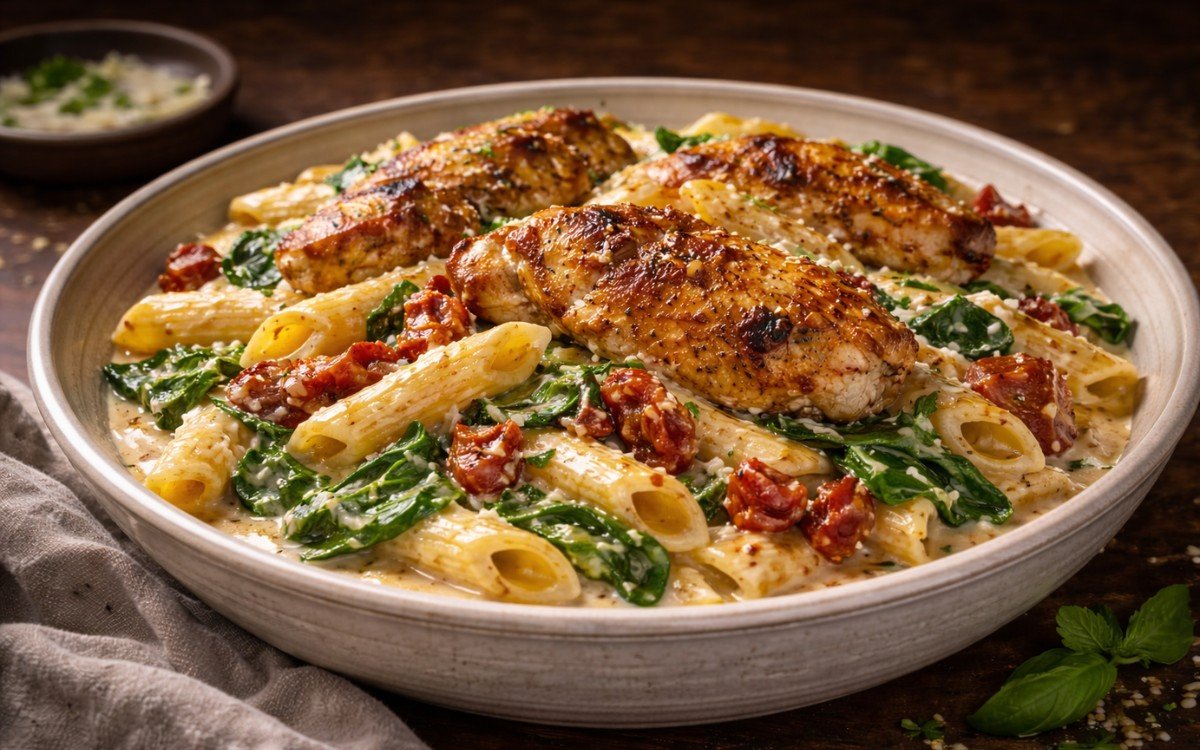 Overhead view of Tuscan chicken cream pasta in a rustic skillet, showing golden seared chicken pieces, vibrant red sun-dried tomatoes, wilted spinach, and penne pasta coated in rich cream sauce