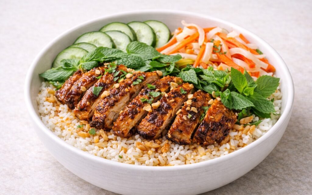 Vietnamese lemongrass chicken rice bowl with grilled chicken, pickled vegetables, fresh herbs, and nuoc cham dressing