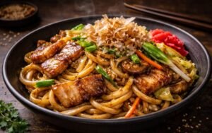 Overhead view of yaki udon stir-fry in a dark bowl showing glossy caramelized udon noodles with pork belly, shiitake mushrooms, cabbage, carrots, and garnishes of sesame seeds and bonito flakes
