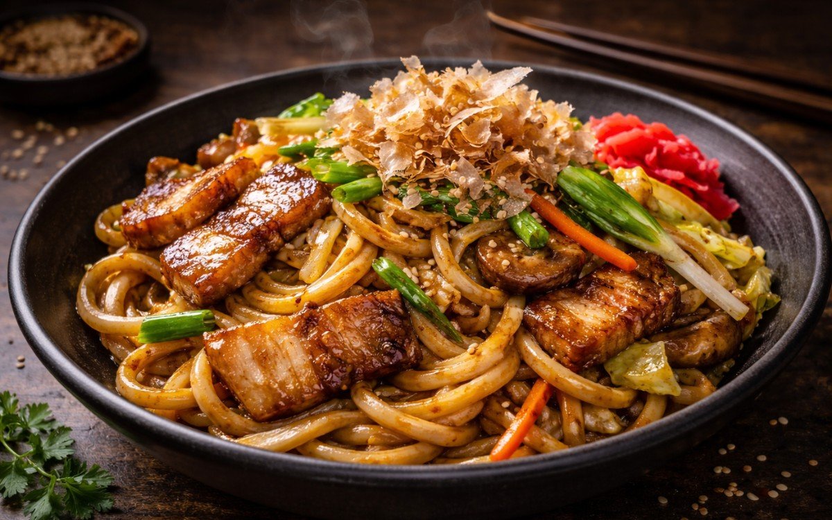 Overhead view of yaki udon stir-fry in a dark bowl showing glossy caramelized udon noodles with pork belly, shiitake mushrooms, cabbage, carrots, and garnishes of sesame seeds and bonito flakes