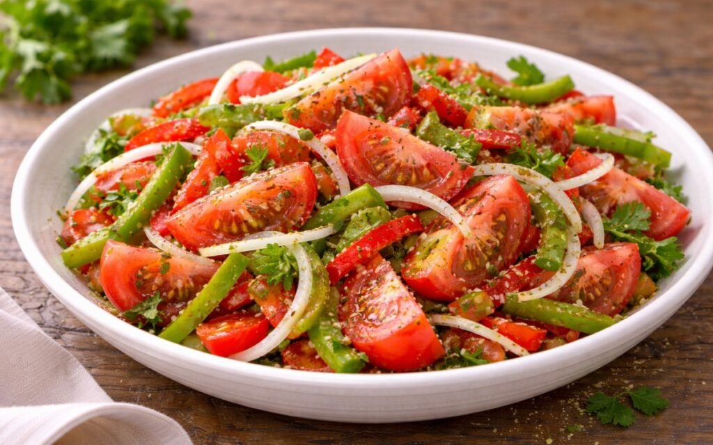 Argentine criolla salad with sliced tomatoes, onions, and bell peppers on white platter