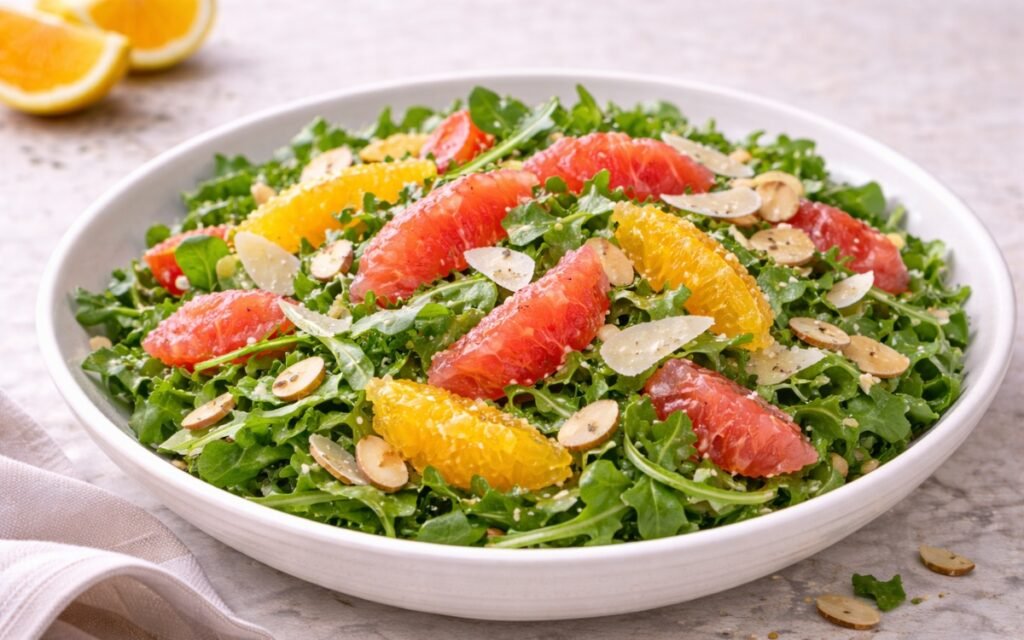 Bowl of arugula citrus salad with orange and grapefruit segments, toasted almonds, and shaved Parmesan