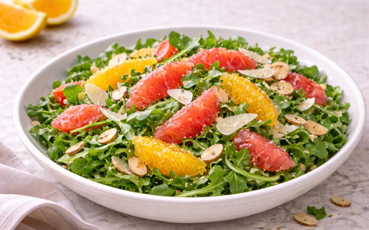 Bowl of arugula citrus salad with orange and grapefruit segments, toasted almonds, and shaved Parmesan