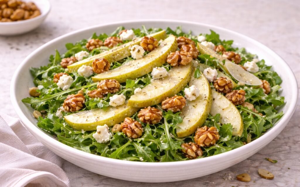 Plate of arugula pear salad with sliced pears, goat cheese crumbles, and candied walnuts